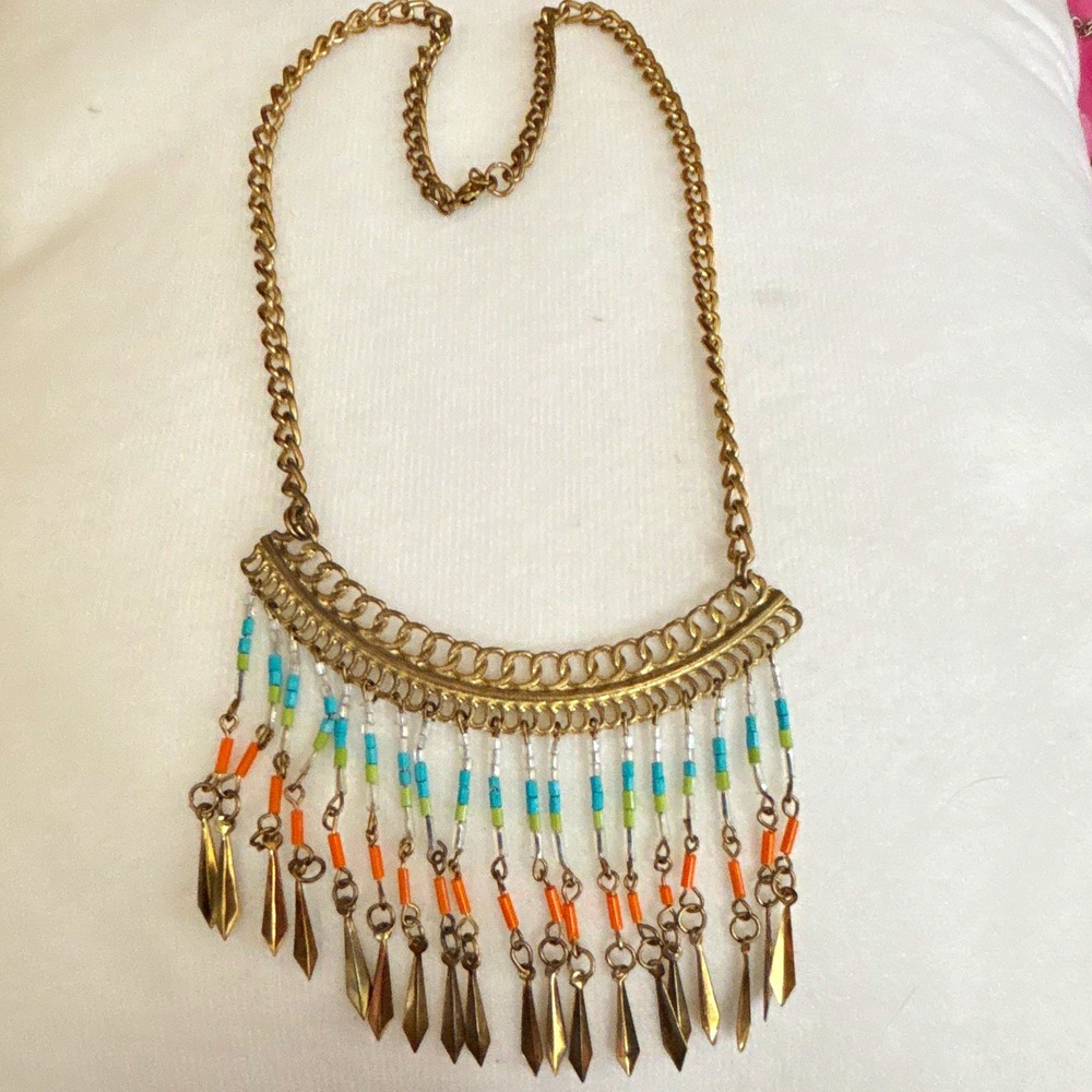 Boho Gold Tone Bib Necklace Multi Color Seed Bead Fringe Statement Jewelry